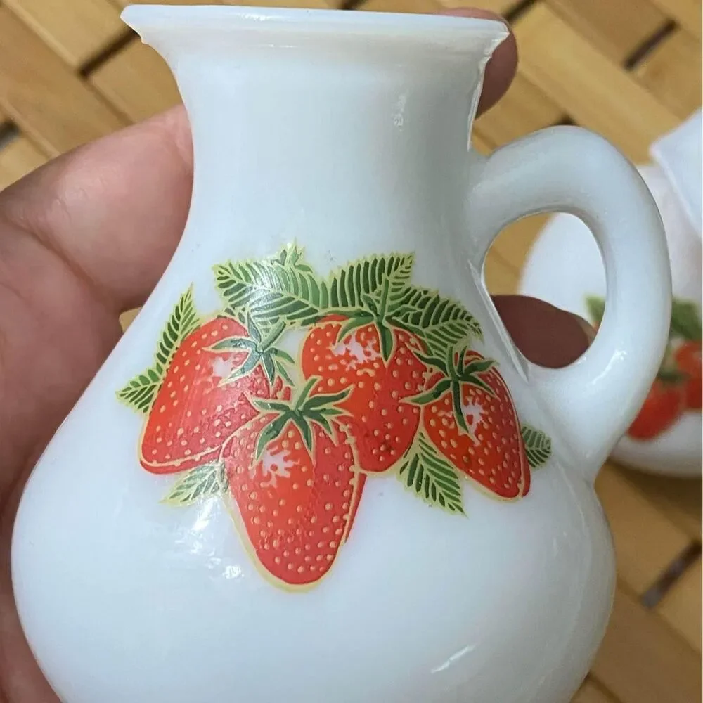 White Milk Glass Strawberry Cruets with Orange Stoppers Set of 2